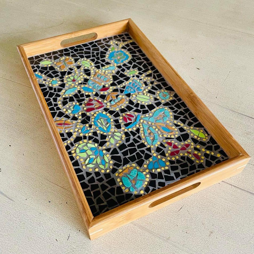“Floral Batik A” Mosaic Tray- Large (9 x 14″)