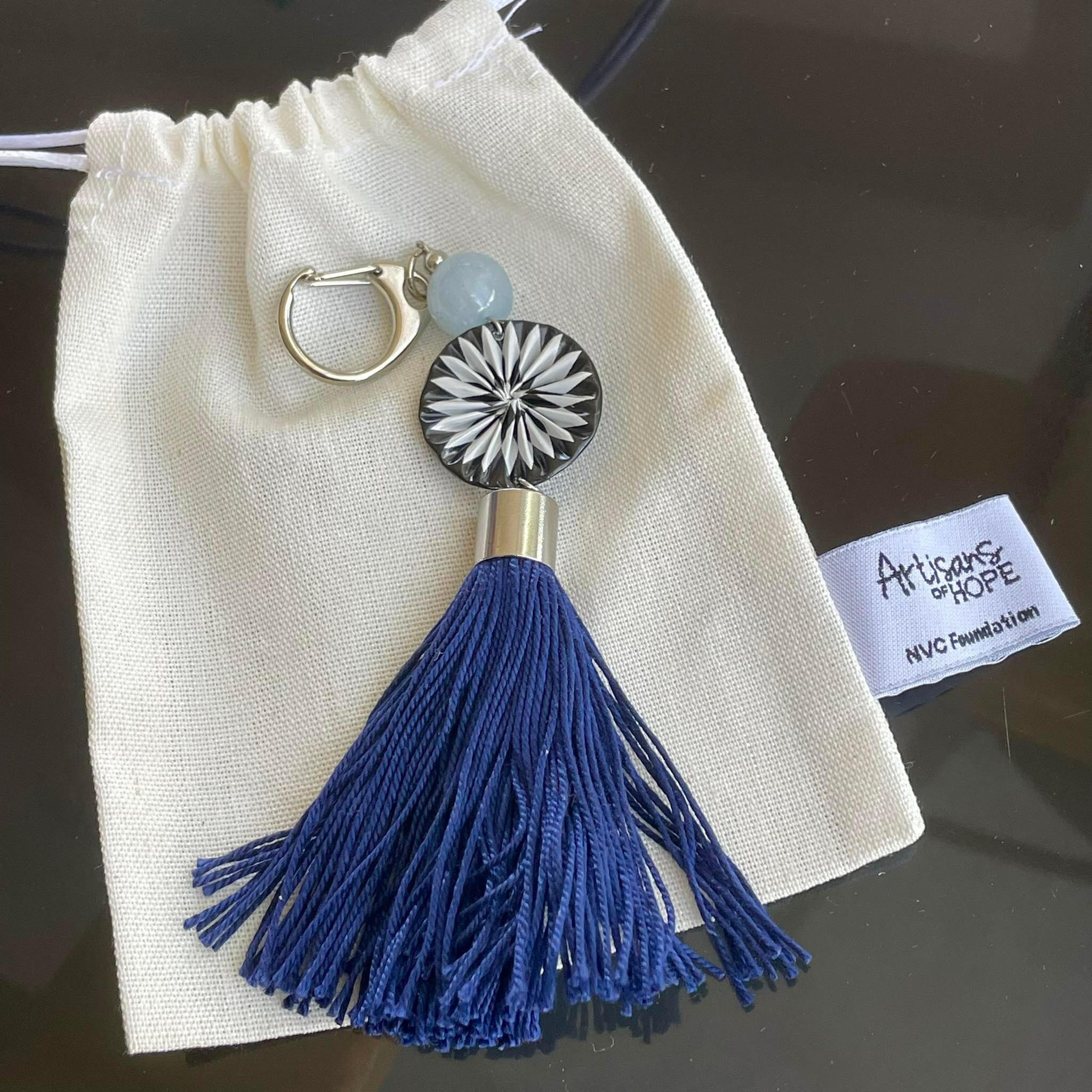 Upcycled Bag Charm – Blue Daisy with Bead