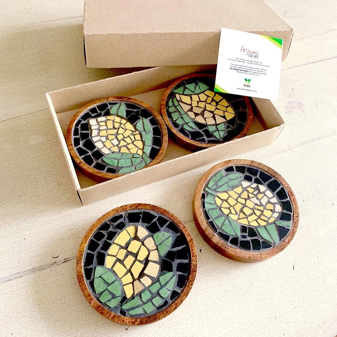 “Yellow Blooms on Black” Mosaic Coasters (Set of 4)