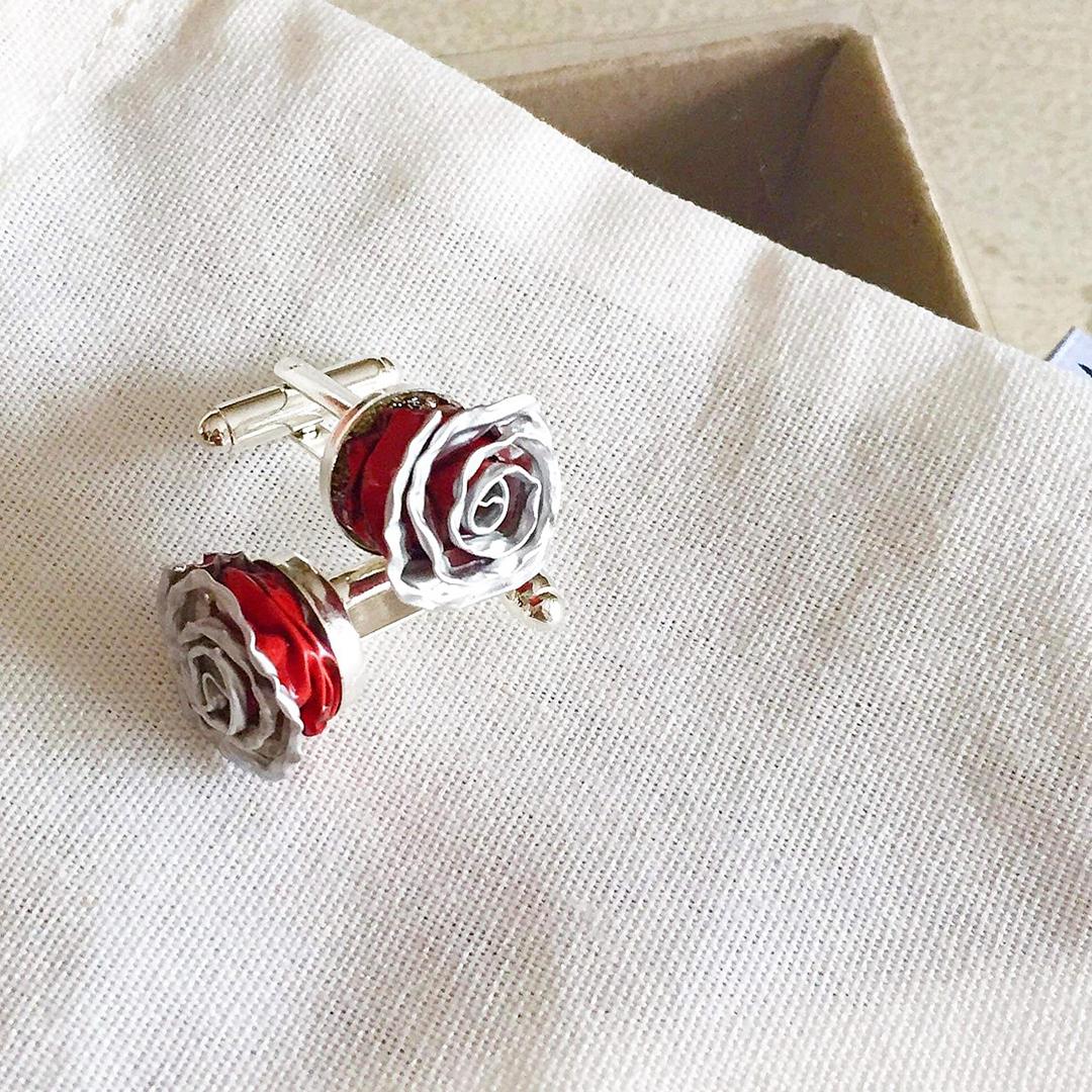 Upcycled Unisex Cufflinks – Red Rosette