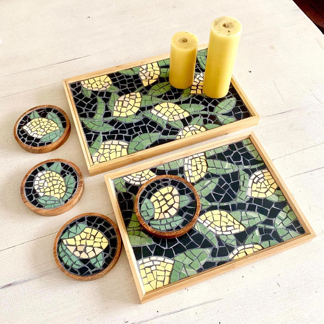 “Yellow Blooms on Black” Mosaic Tray – Large