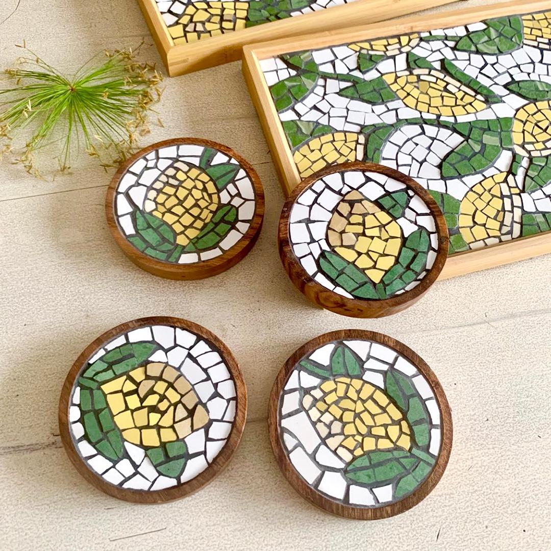 “Yellow Blooms on White” Mosaic Coasters (Set of 4)