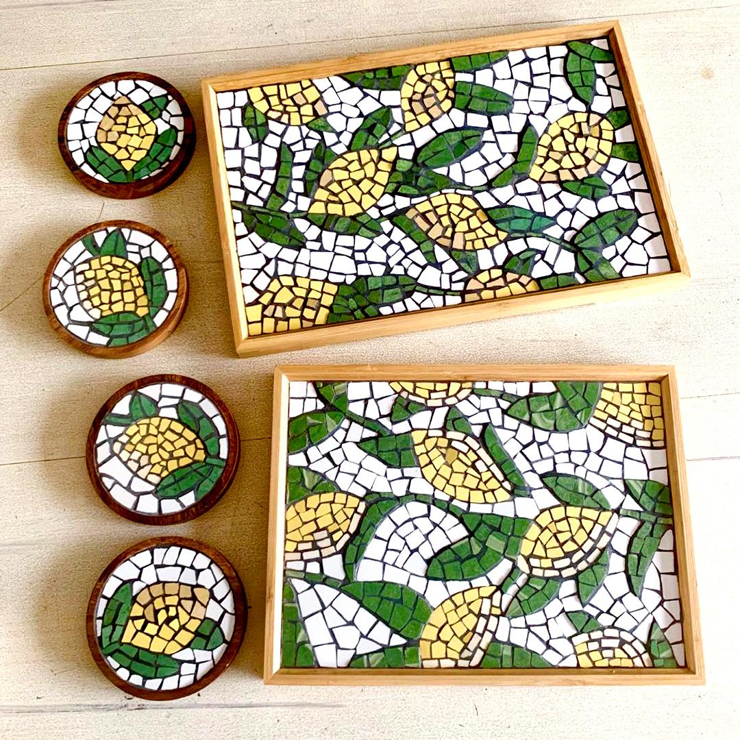 “Yellow Blooms on White” Mosaic Tray – Medium