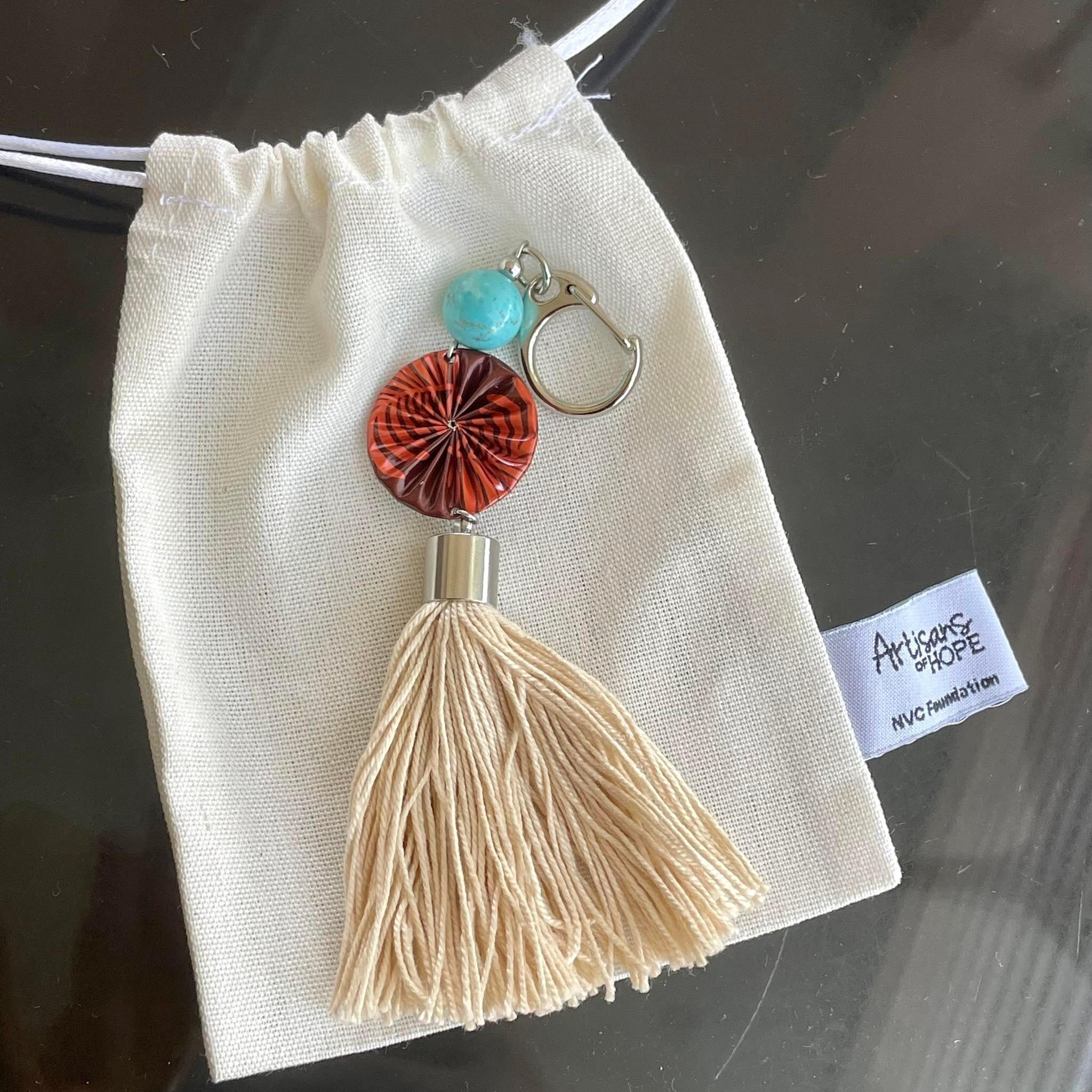 Upcycled Bag Charm – Cream Daisy with Bead