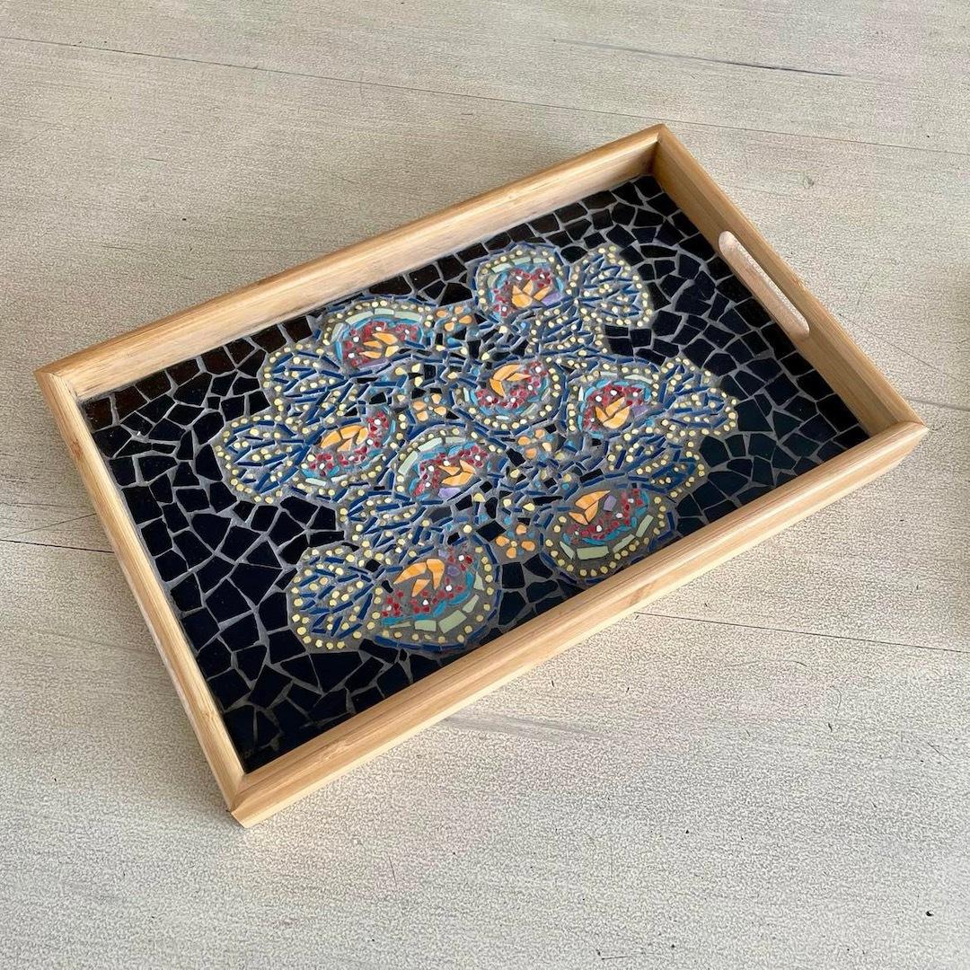 “Floral Batik B” Mosaic Tray – Large (9 x 14″)