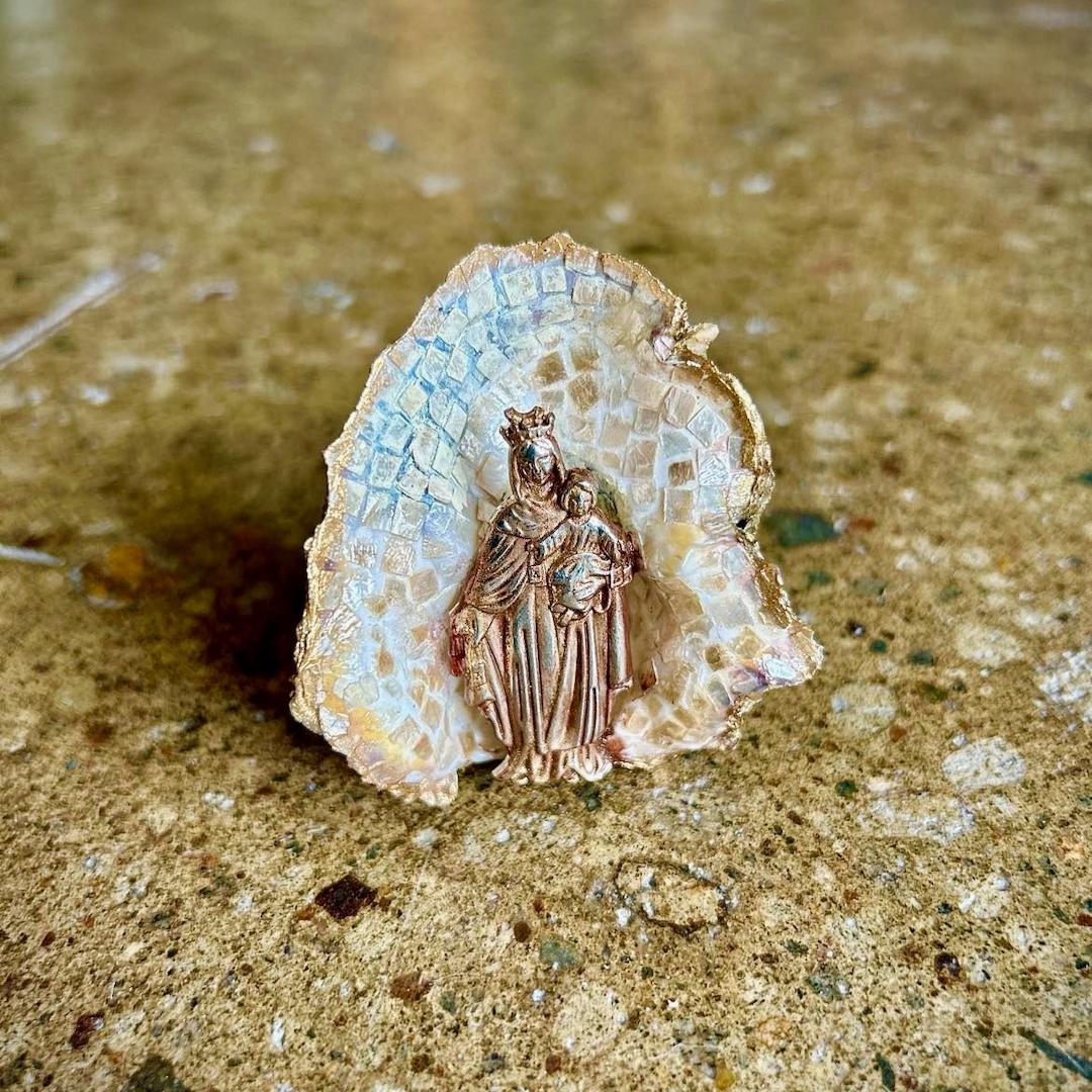 Our Lady of Mt. Carmel Miniature Mosaic on Oyster Shell